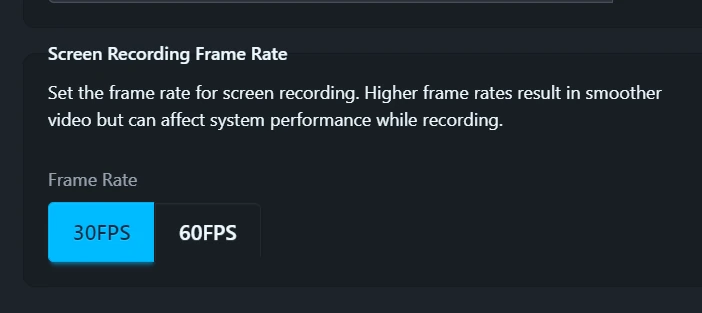 The screen recording FPS setting