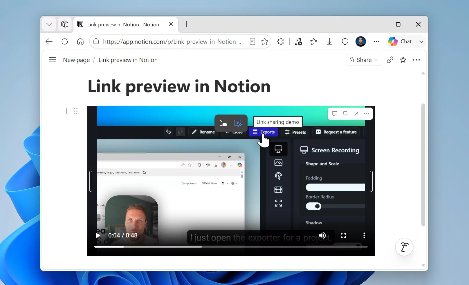 A Rapidemo video playing inline inside a Notion page