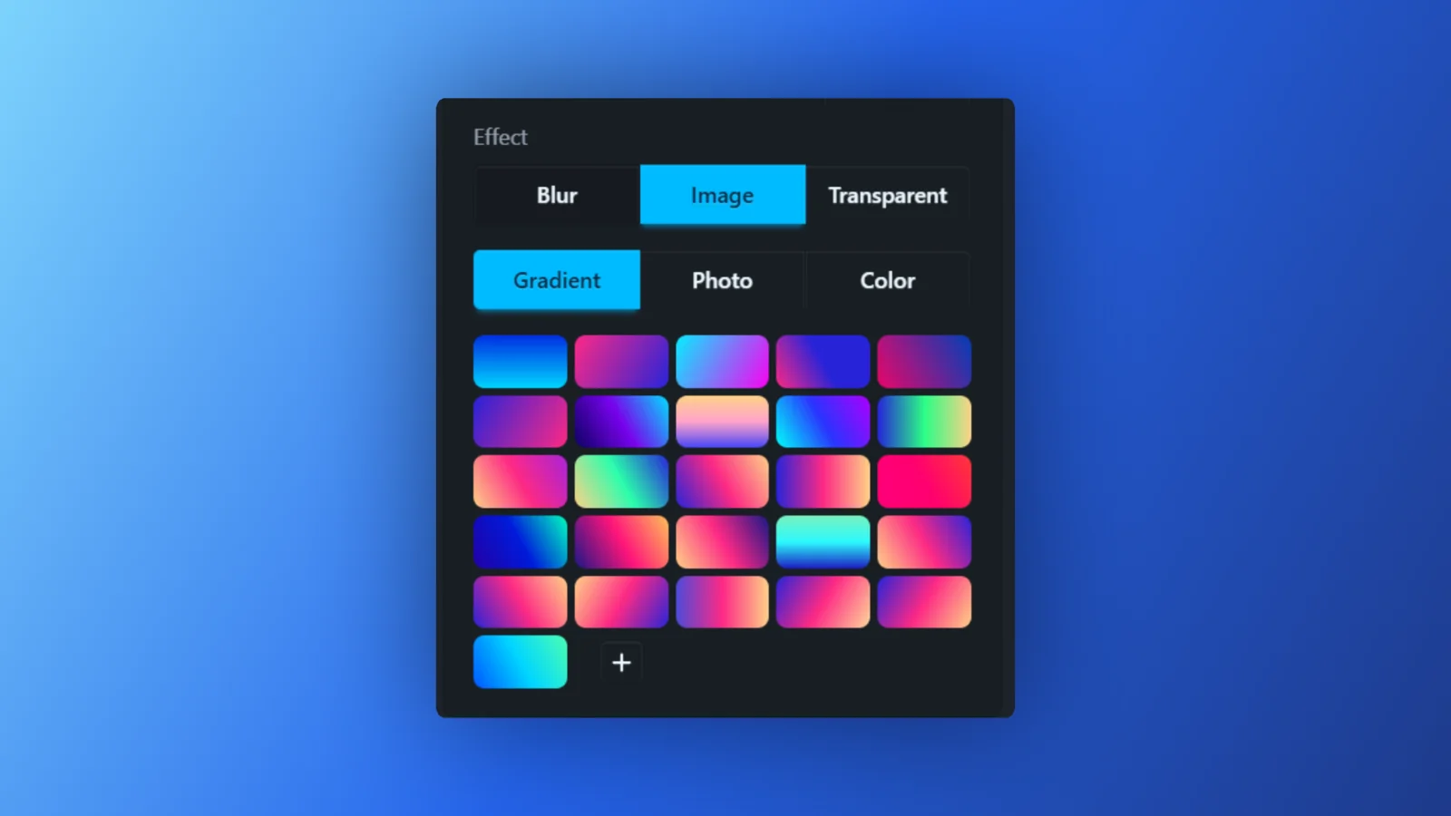 The camera Effect options with Image selected, showing the Gradient, Photo and Color choices above a grid of gradient swatches