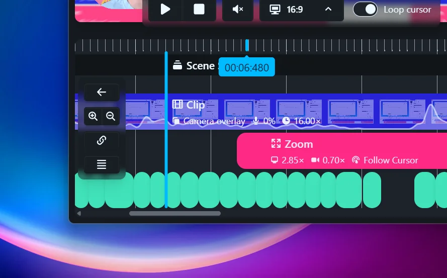 The Rapidemo timeline ruler with a hover marker and a tooltip reading 00:06:480, while the playhead stays where it was