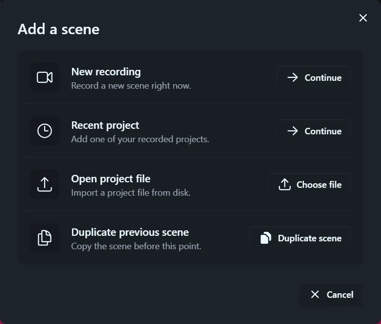 The Add a scene chooser: New recording, Recent project, Open project file and Duplicate previous scene