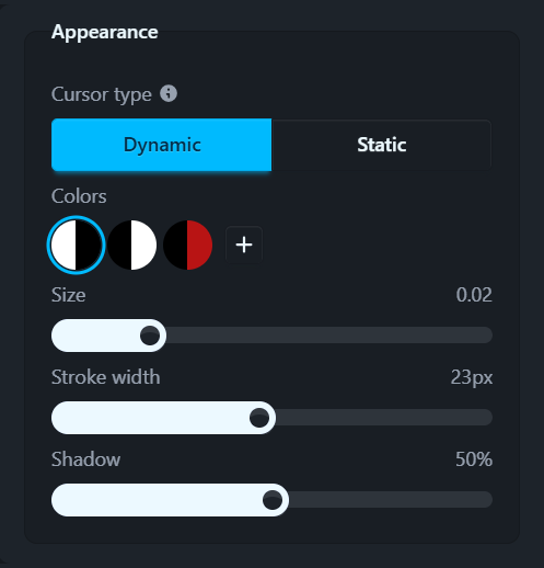 The cursor’s Appearance group: Cursor type, Colors, Size, Stroke width and Shadow