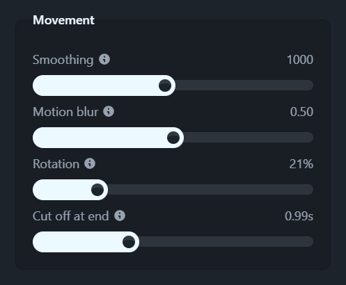 The cursor’s Movement group: Smoothing, Motion blur, Rotation and Cut off at end