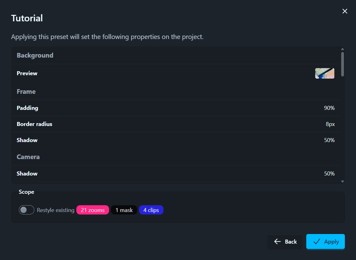 The apply-preset summary with the Scope group and its Restyle existing toggle