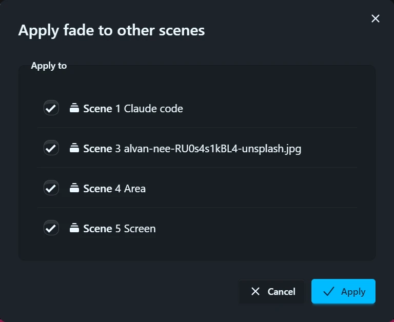 The checklist of other Scenes to copy the current Scene’s settings to