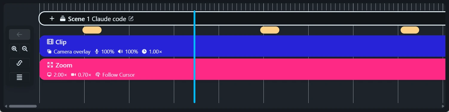 A numbered, named Scene element above the Clip and Zoom tracks on the Rapidemo timeline