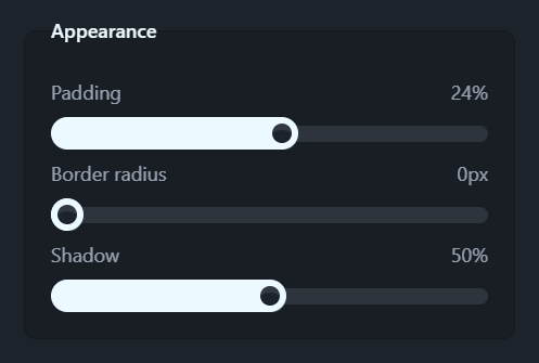 The screen recording’s Appearance group: Padding, Border radius and Shadow