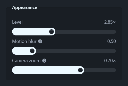A Zoom’s Appearance group: Level, Motion blur and Camera zoom