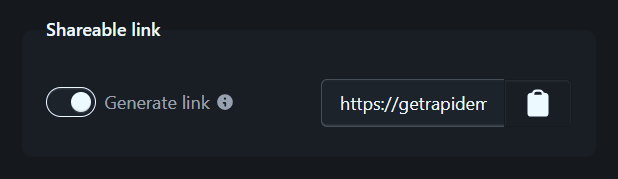 The Shareable link group of the export settings, with Generate link switched on and the link ready to copy
