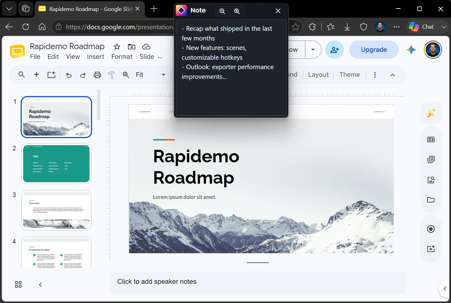 The Rapidemo notes window floating above a slide deck while recording