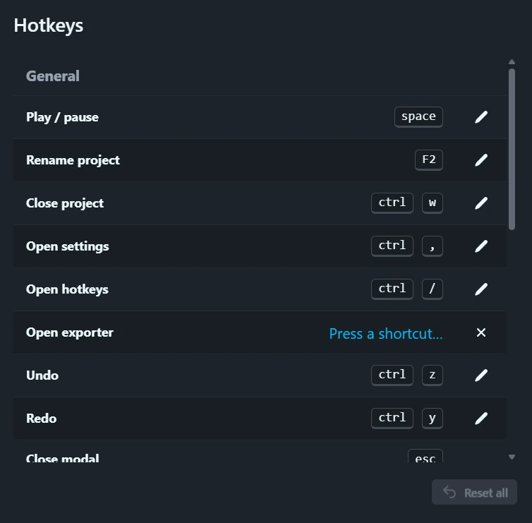 The Hotkeys settings with one shortcut waiting for a new key combination