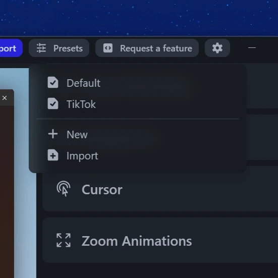 Screenshot of Editor presets